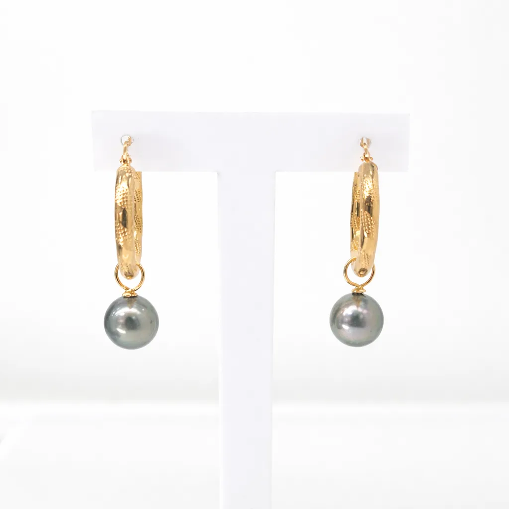 9ct Yellow Gold Hoop Earrings with 9mm-10mm Tahitian Pearls - 9CTRVZ