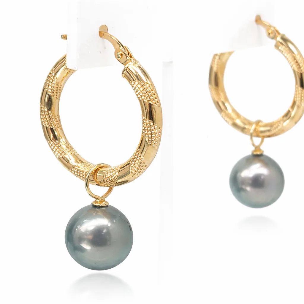 9ct Yellow Gold Hoop Earrings with 9mm-10mm Tahitian Pearls - 9CTRVZ