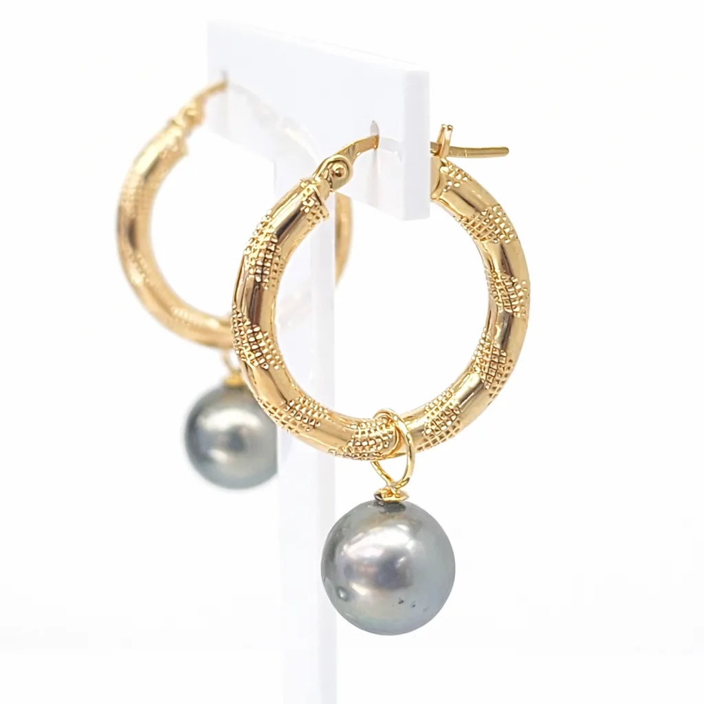 9ct Yellow Gold Hoop Earrings with 9mm-10mm Tahitian Pearls - 9CTRVZ