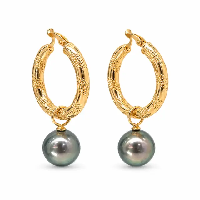 9ct Yellow Gold Hoop Earrings with 9mm-10mm Tahitian Pearls - 9CTRVZ