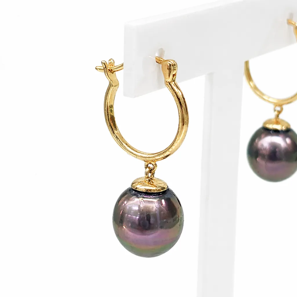 9ct Yellow Gold Hoop Earrings with Tahitian Black Pearls - 9CTRYZ