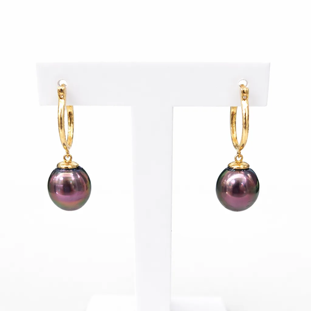 9ct Yellow Gold Hoop Earrings with Tahitian Black Pearls - 9CTRYZ