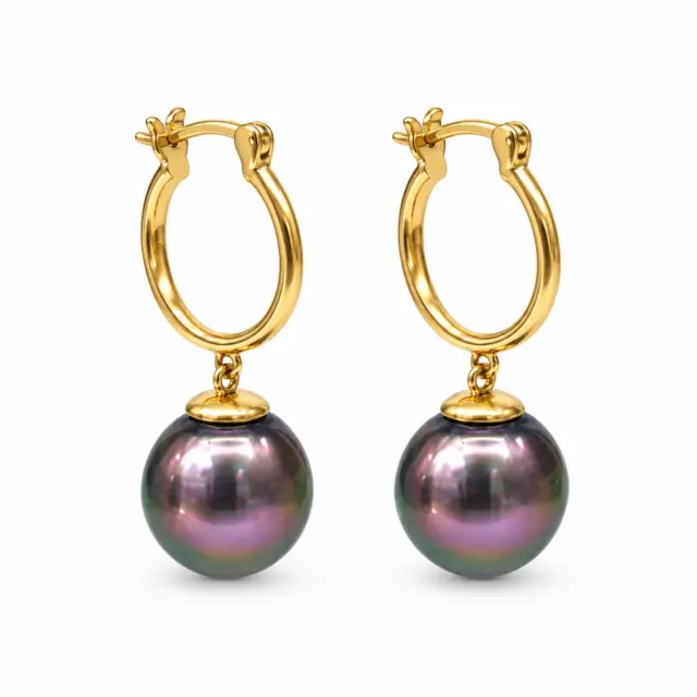 9ct Yellow Gold Hoop Earrings with Tahitian Black Pearls - 9CTRYZ