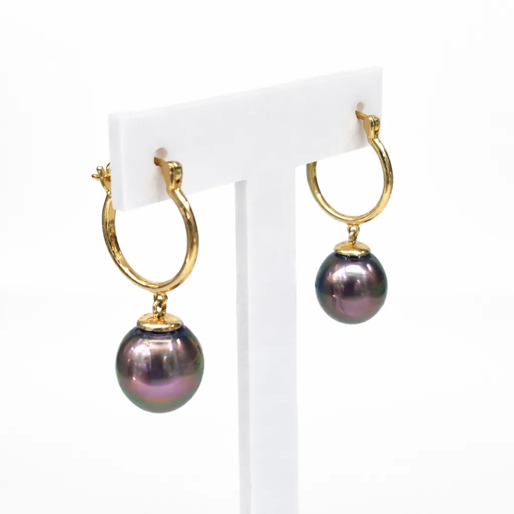 9ct Yellow Gold Hoop Earrings with Tahitian Black Pearls - 9CTRYZ