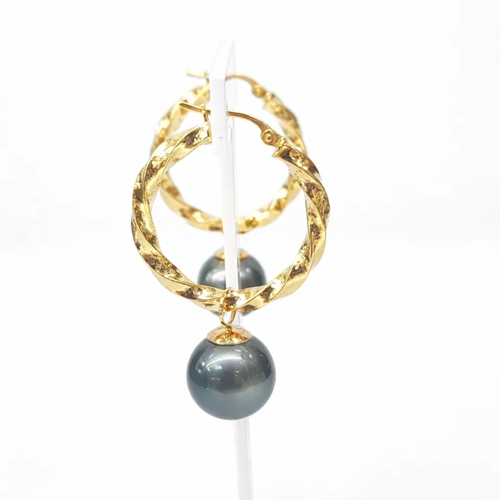9ct Yellow Gold Hoop Style Tahitian Black Pearl Earrings - 9CTPZZ
