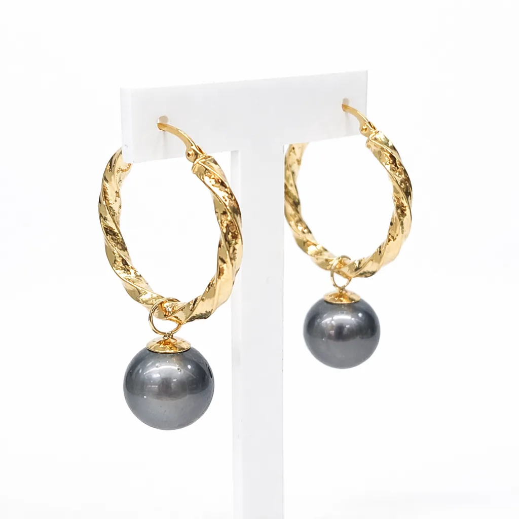 9ct Yellow Gold Hoop Style Tahitian Black Pearl Earrings - 9CTPZZ