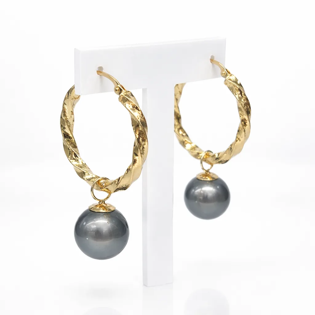 9ct Yellow Gold Hoop Style Tahitian Black Pearl Earrings - 9CTPZZ