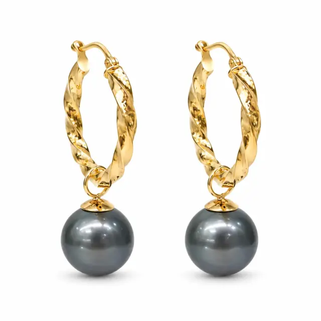 9ct Yellow Gold Hoop Style Tahitian Black Pearl Earrings - 9CTPZZ