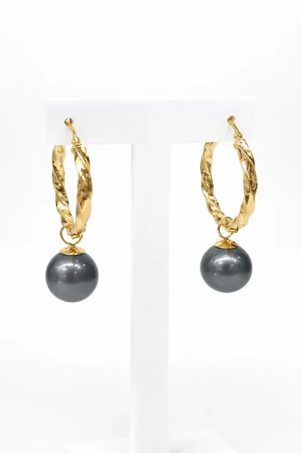 9ct Yellow Gold Hoop Style Tahitian Black Pearl Earrings - 9CTPZZ
