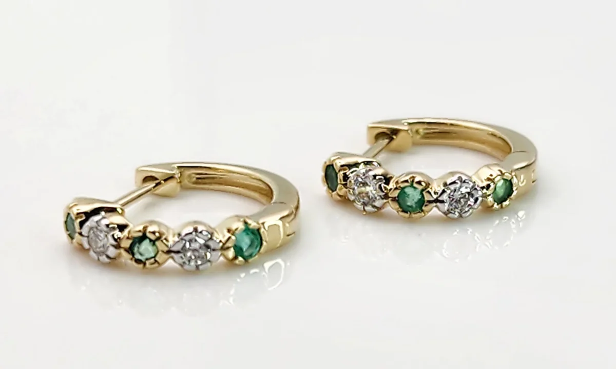 9ct Yellow Gold Huggie Emerald & Diamond Earrings