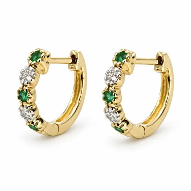 9ct Yellow Gold Huggie Emerald & Diamond Earrings