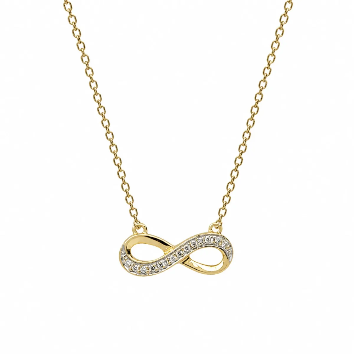 9CT Yellow Gold Infinity Pendant Necklace with Diamond Accent Setting & Adjustable Open Curb Chain - 9KSC010