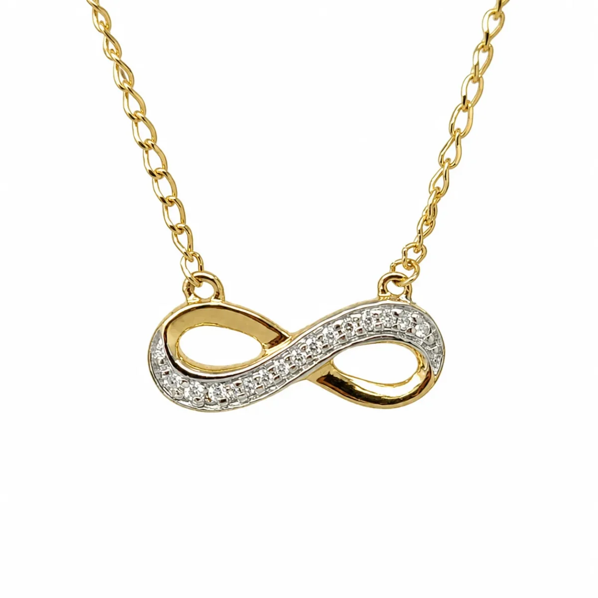 9CT Yellow Gold Infinity Pendant Necklace with Diamond Accent Setting & Adjustable Open Curb Chain - 9KSC010