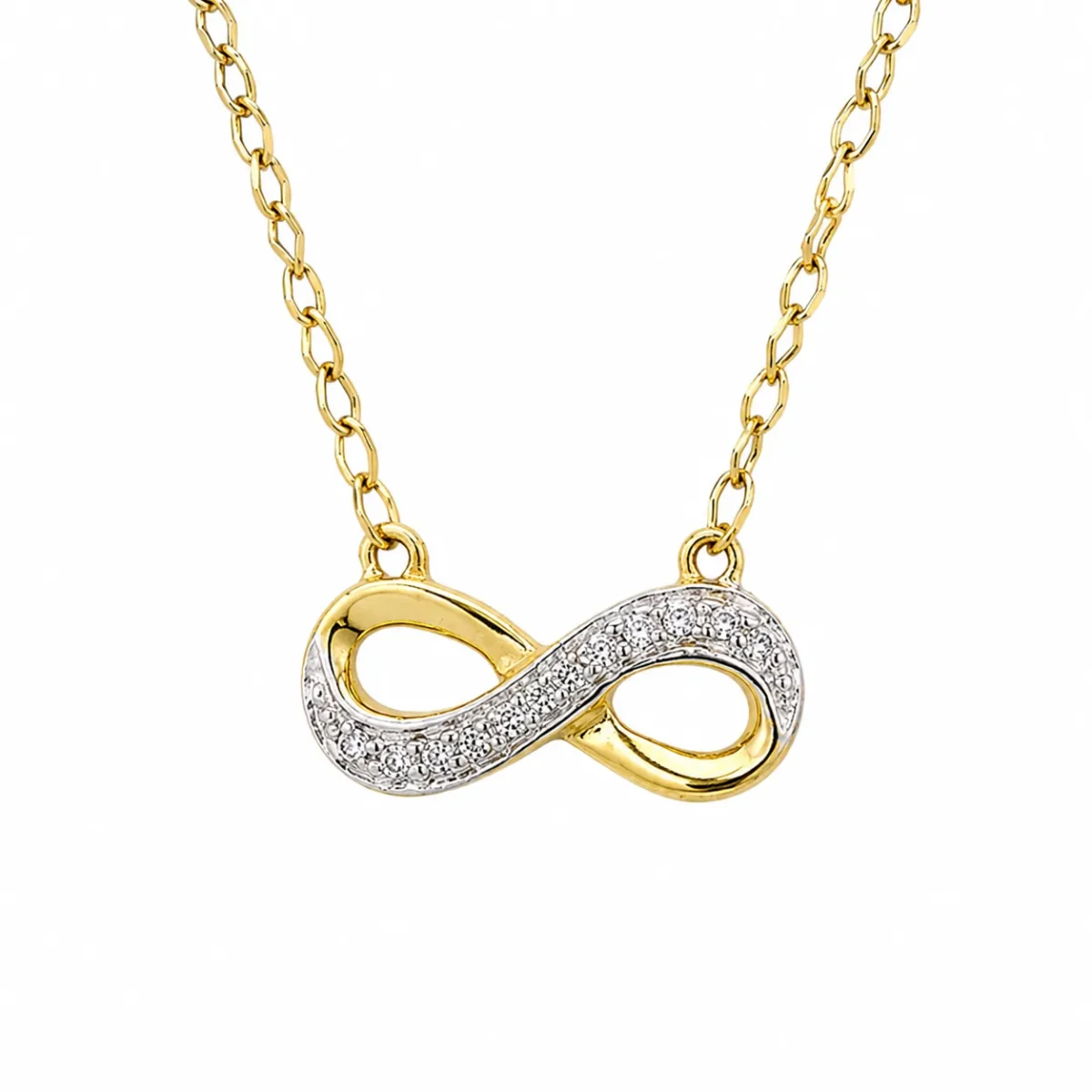 9CT Yellow Gold Infinity Pendant Necklace with Diamond Accent Setting & Adjustable Open Curb Chain - 9KSC010
