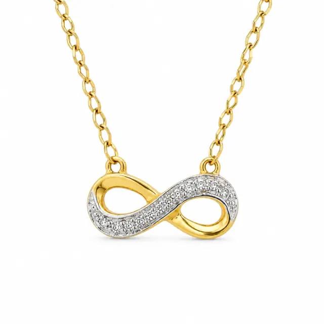 9CT Yellow Gold Infinity Pendant Necklace with Diamond Accent Setting & Adjustable Open Curb Chain - 9KSC010
