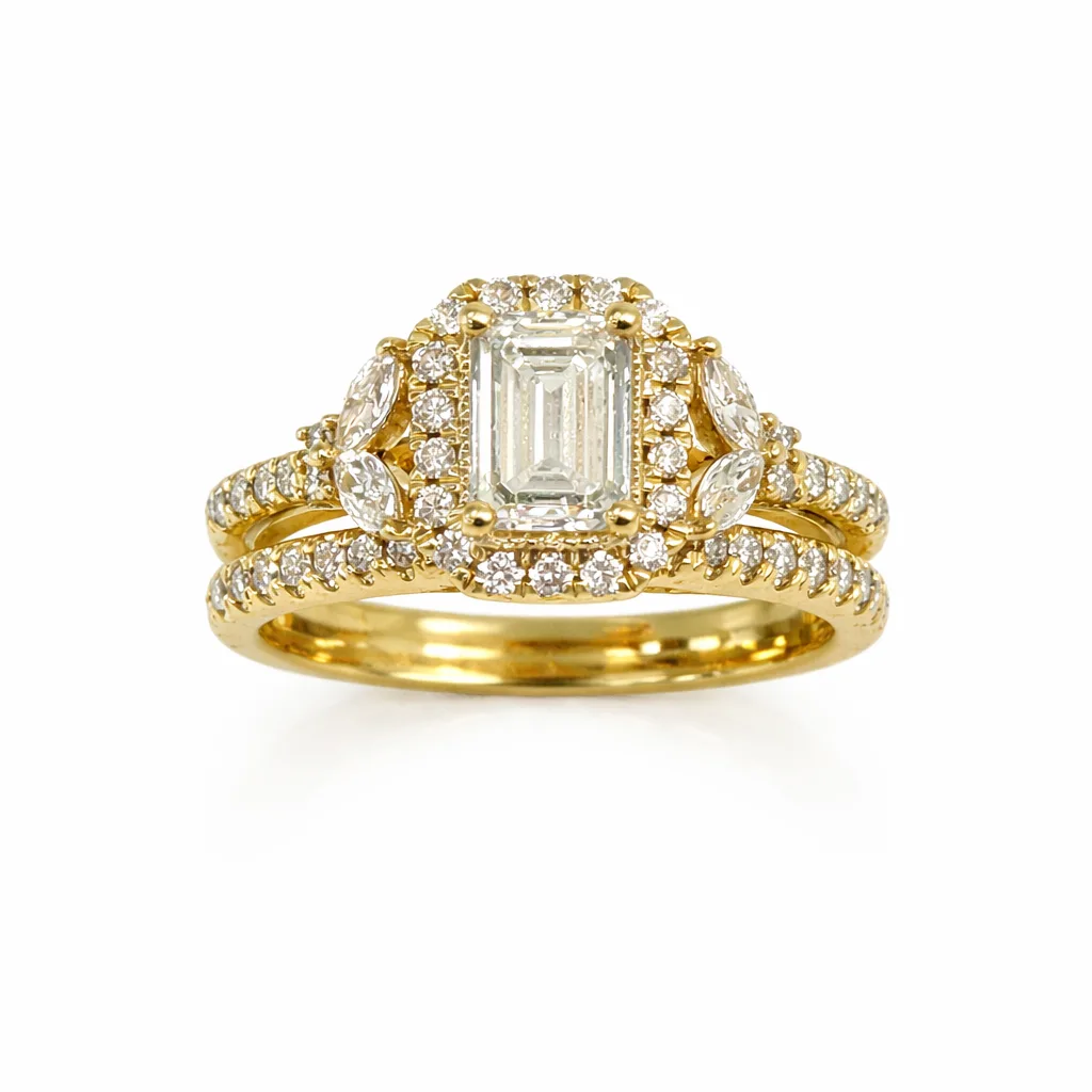 9ct Yellow Gold Lab Grown Diamond Bridal Set 1.70ct (1.06ct Emerald Cut Halo) EF/VS - 9YGAURG1858