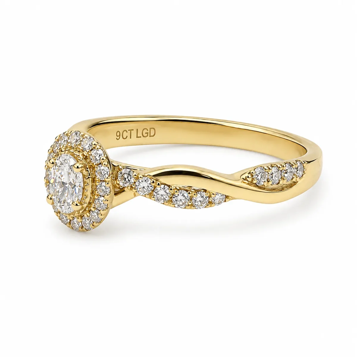 9ct Yellow Gold Lab Grown Diamond Oval Halo Twist Ring 0.14ct Centre Diamond E/F VS - AURG4053