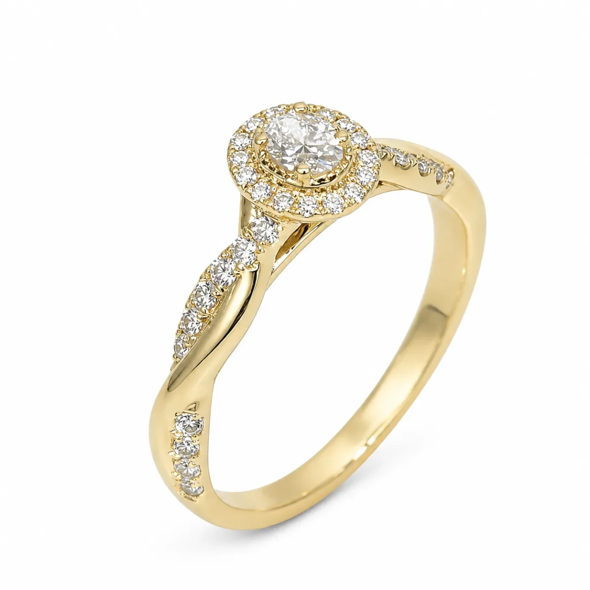 9ct Yellow Gold Lab Grown Diamond Oval Halo Twist Ring 0.14ct Centre Diamond E/F VS - AURG4053