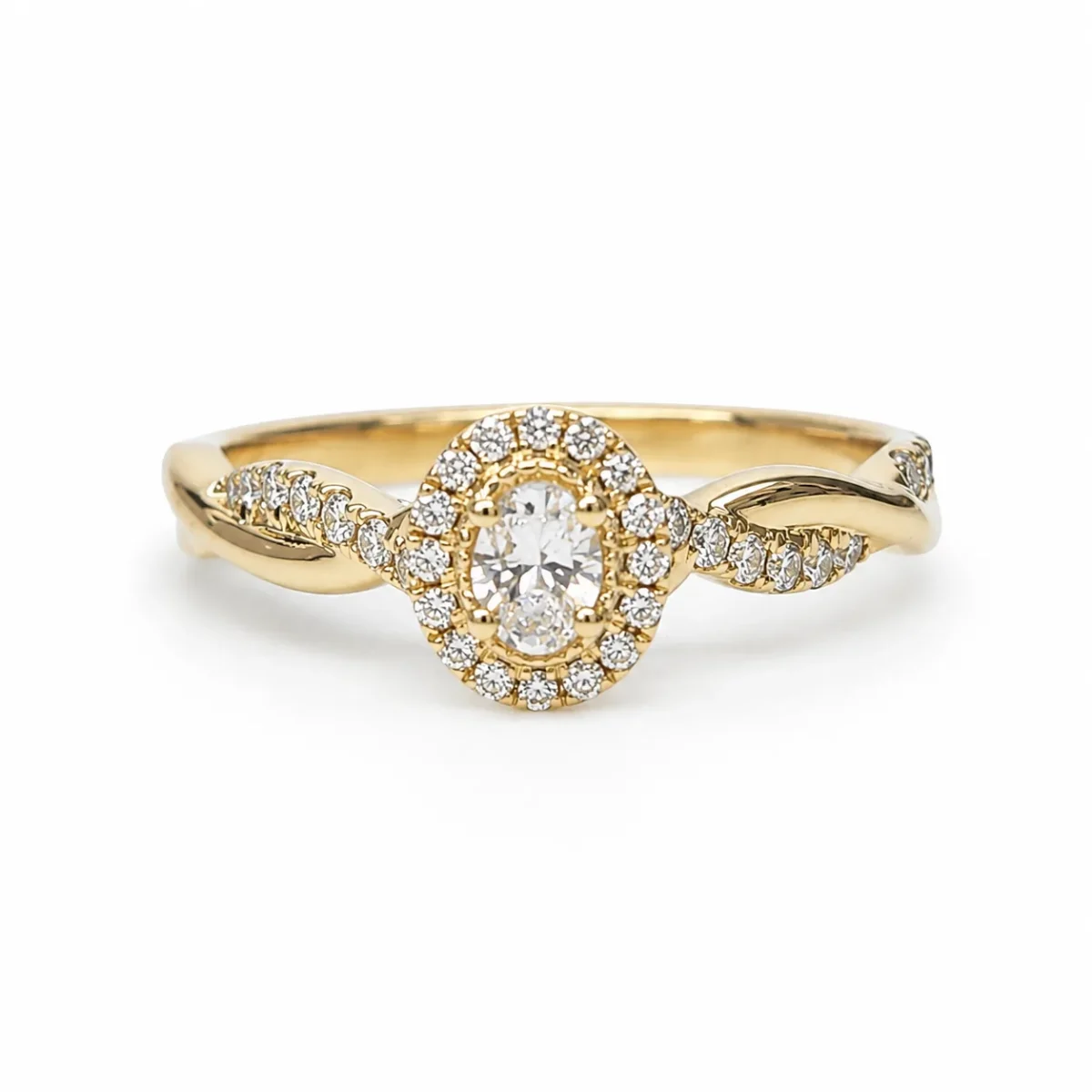 9ct Yellow Gold Lab Grown Diamond Oval Halo Twist Ring 0.14ct Centre Diamond E/F VS - AURG4053