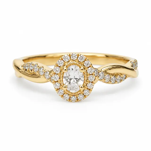 9ct Yellow Gold Lab Grown Diamond Oval Halo Twist Ring 0.14ct Centre Diamond E/F VS - AURG4053