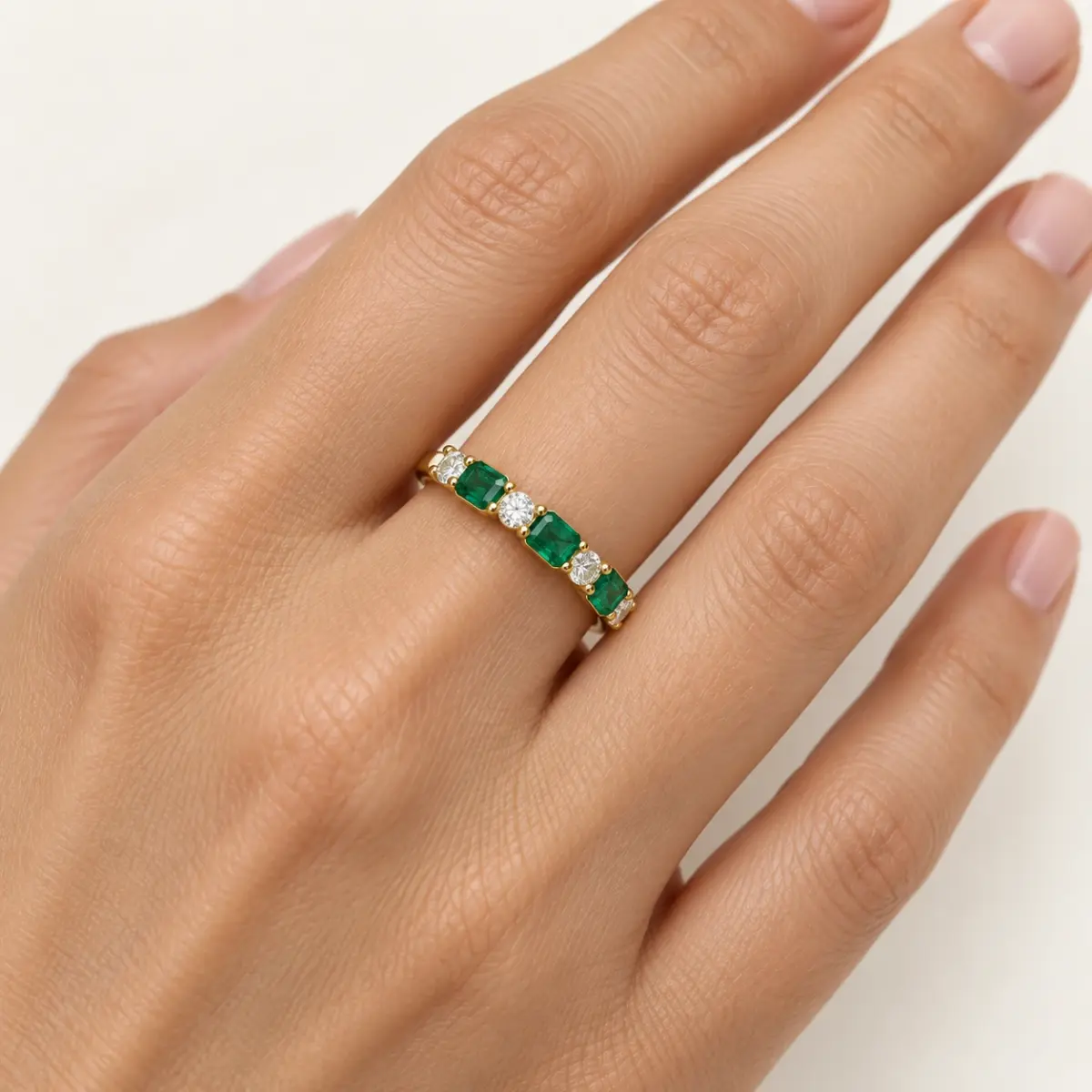 9ct Yellow Gold Lab Grown Emerald & Diamond Five Stone Ring – 0.60ct Emerald | 0.32ct Diamond - AURG3169EM