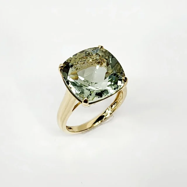 9ct Yellow Gold Ladies Ring with Large 16mm x 16mm Cushion Cut Green Amethyst 14.50ct Ring