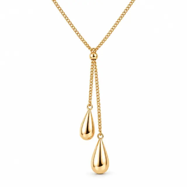9ct Yellow Gold Lariat Style Necklace with 2 Teardrop Shaped Pendants at 45cm Long
