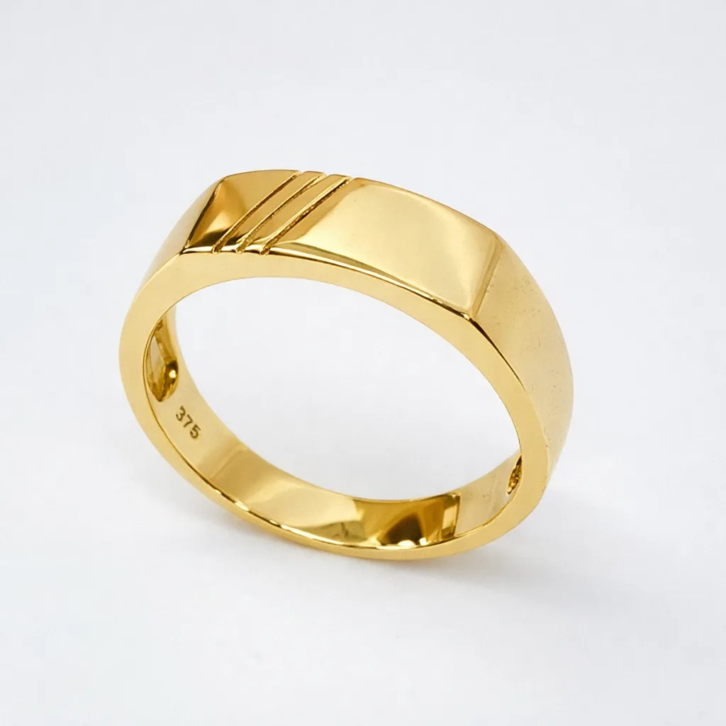 9ct Yellow Gold Men’s Signet Ring – 6.5mm x 16mm Rectangular Face, Engraved Lines - 9YGD8182