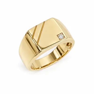 9ct Yellow Gold Men’s Signet Ring with 0.03ct Diamond Accent, 11.5mm Square Top - D7802