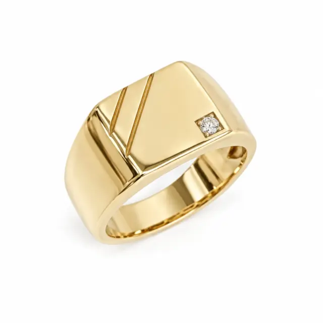 9ct Yellow Gold Men’s Signet Ring with 0.03ct Diamond Accent, 11.5mm Square Top - D7802
