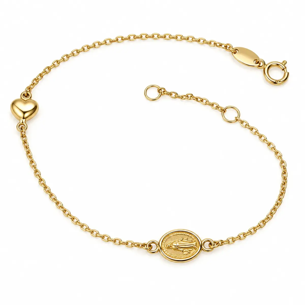 9ct Yellow Gold Miraculous Mary Medal & Puff Heart Adjustable Bracelet 18cm - 1931.9BR