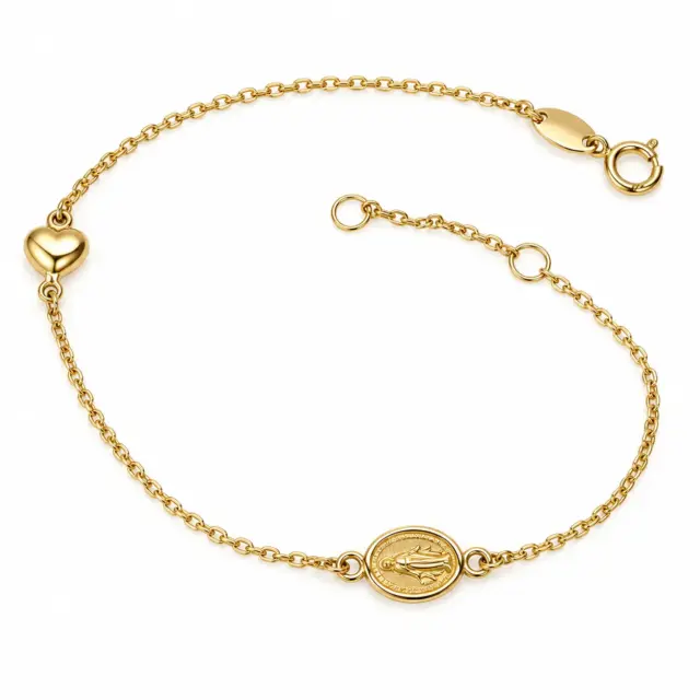 9ct Yellow Gold Miraculous Mary Medal & Puff Heart Adjustable Bracelet 18cm - 1931.9BR