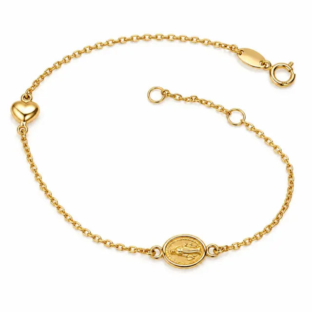 9ct Yellow Gold Miraculous Mary Medal & Puff Heart Adjustable Bracelet 18cm - 1931.9BR