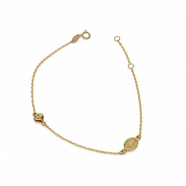 9ct Yellow Gold Miraculous Mary Medal & Puff Heart Adjustable Bracelet 18cm - 1931.9BR