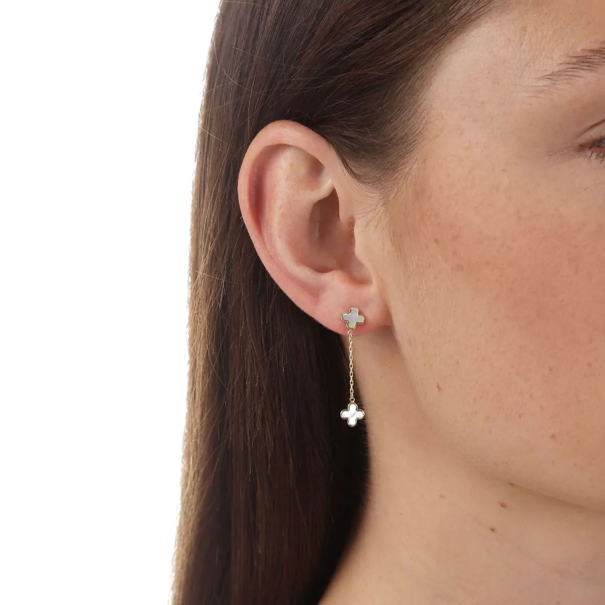 9ct Yellow Gold Mother Of Pearl Clover Petal Drop Earrings