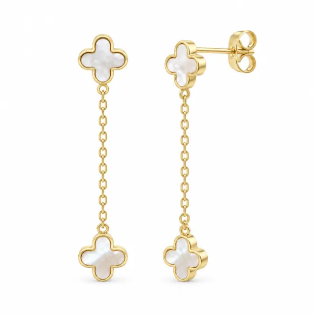 9ct Yellow Gold Mother Of Pearl Clover Petal Drop Earrings