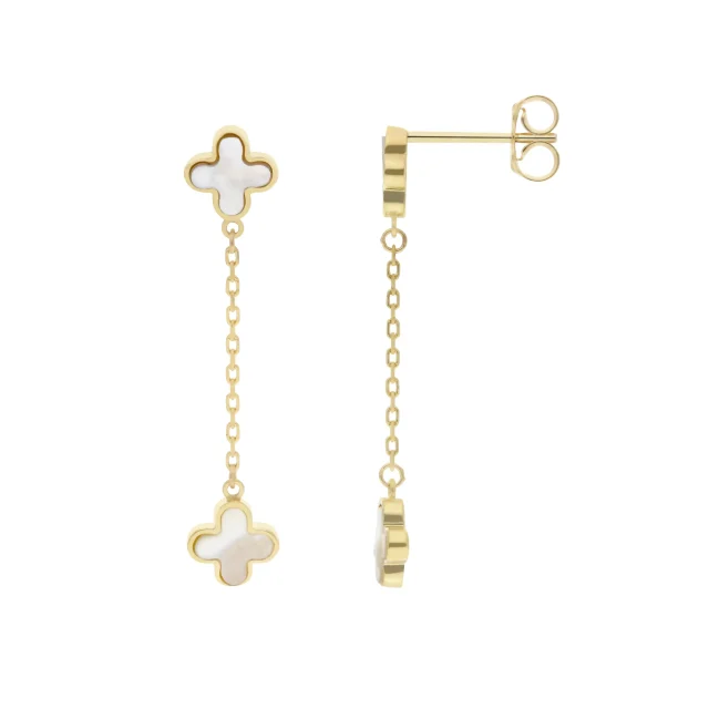 9ct Yellow Gold Mother Of Pearl Clover Petal Drop Earrings