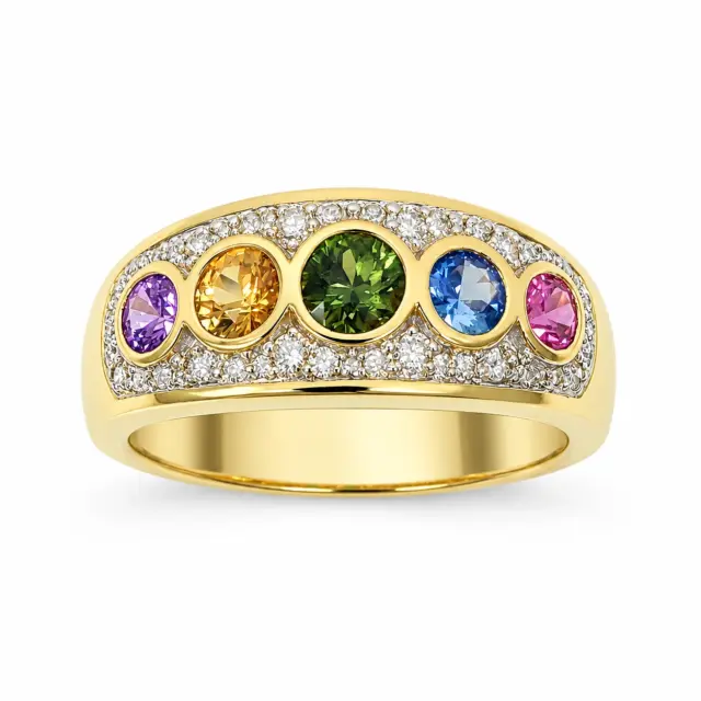 9ct Yellow Gold Multi-Colour Natural Sapphire & Diamond Dress Ring – 0.98ct Sapphire | 0.16ct Natural Diamond