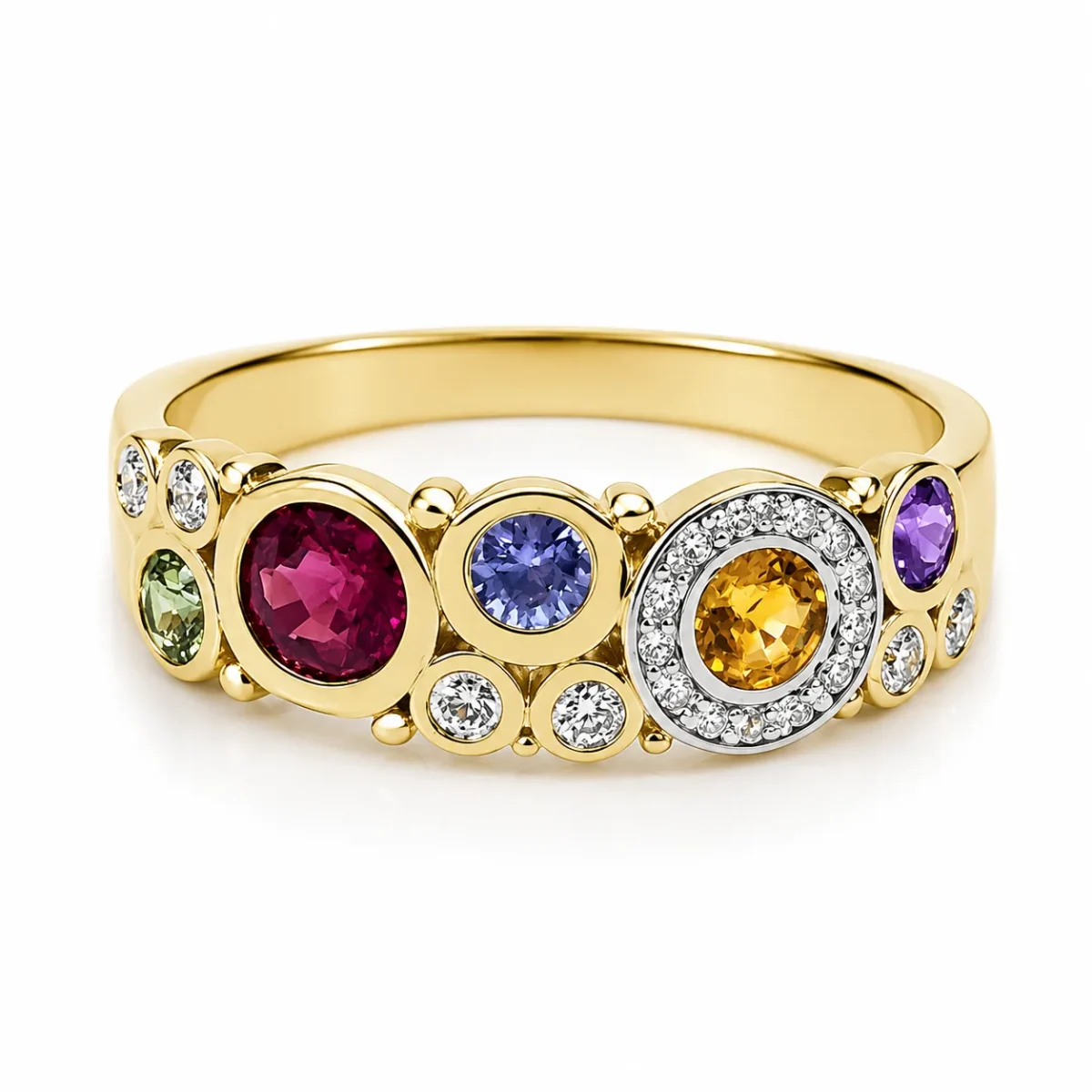 9ct Yellow Gold Multi-Coloured Natural Sapphire & Diamond Bubble Ring – 0.75ct Sapphire | 0.11ct Diamond