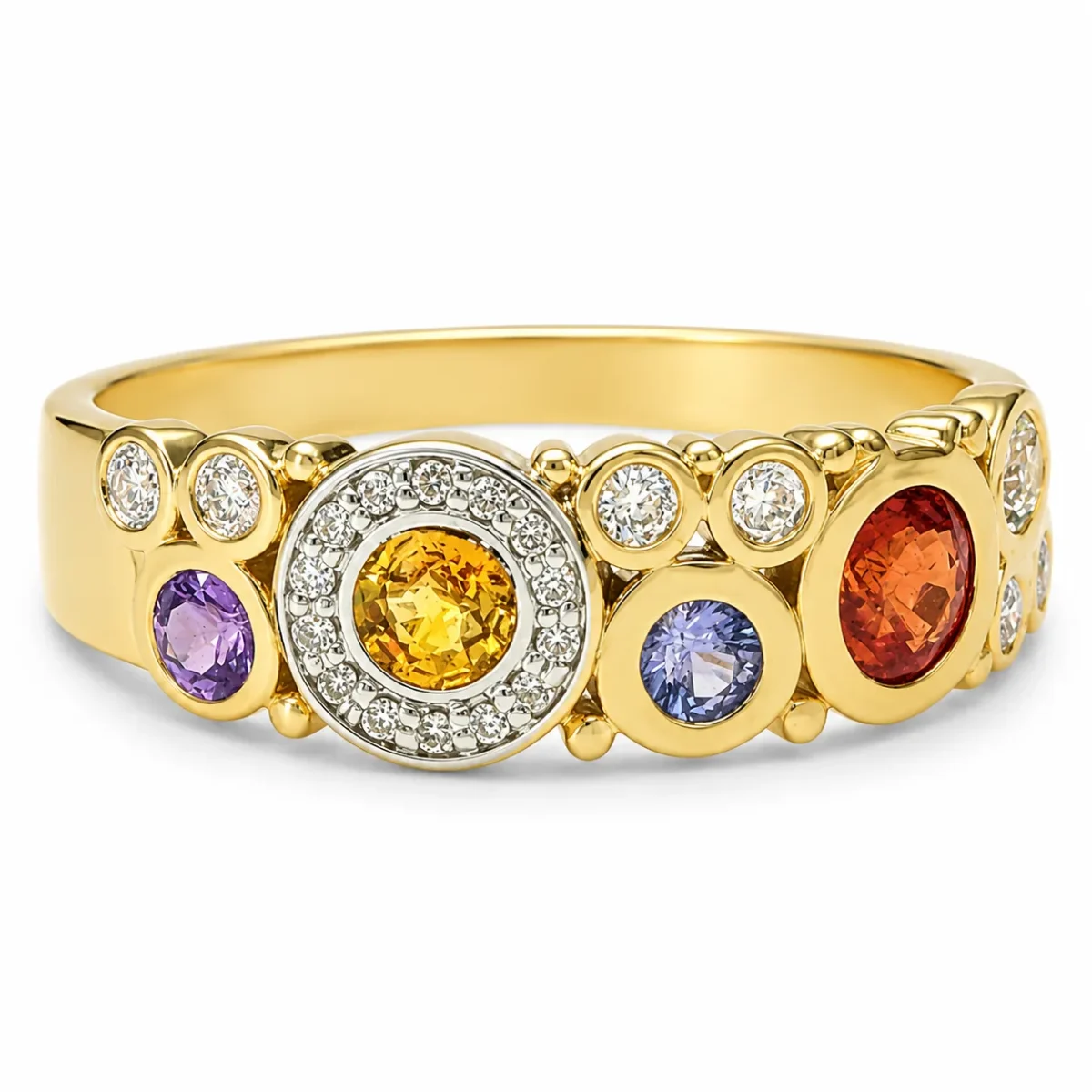9ct Yellow Gold Multi-Coloured Natural Sapphire & Diamond Bubble Ring – 0.75ct Sapphire | 0.11ct Diamond
