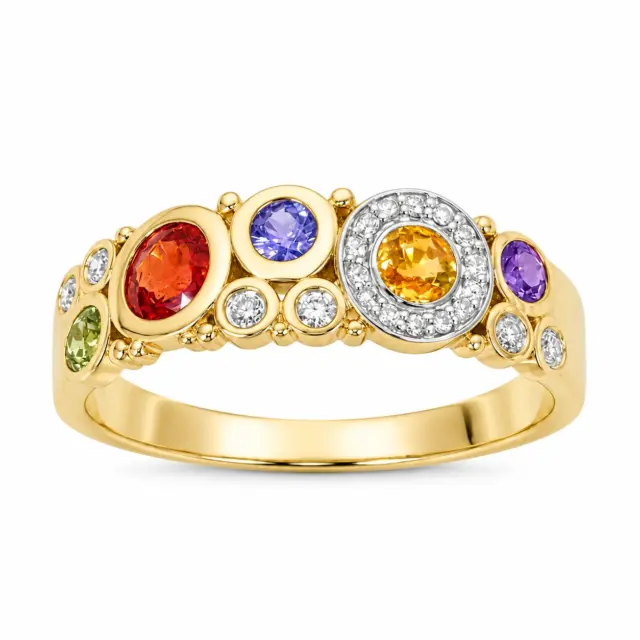 9ct Yellow Gold Multi-Coloured Natural Sapphire & Diamond Bubble Ring – 0.75ct Sapphire | 0.11ct Diamond