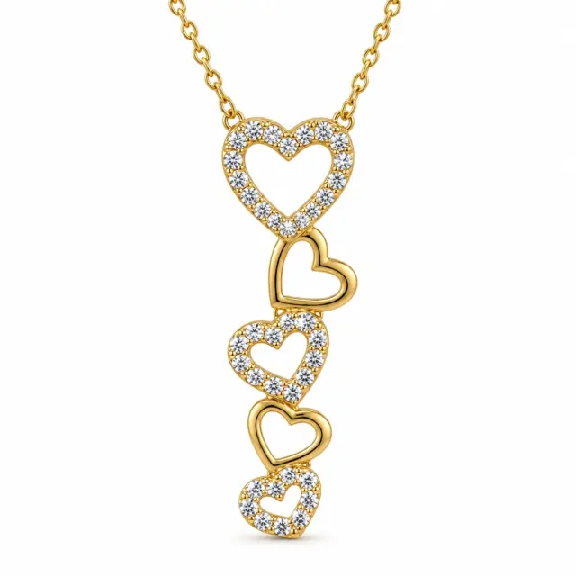 9CT Yellow Gold Multi Heart Cubic Zirconia Pendant Necklace With Adjustable Cable Link Chain - 9KSC011