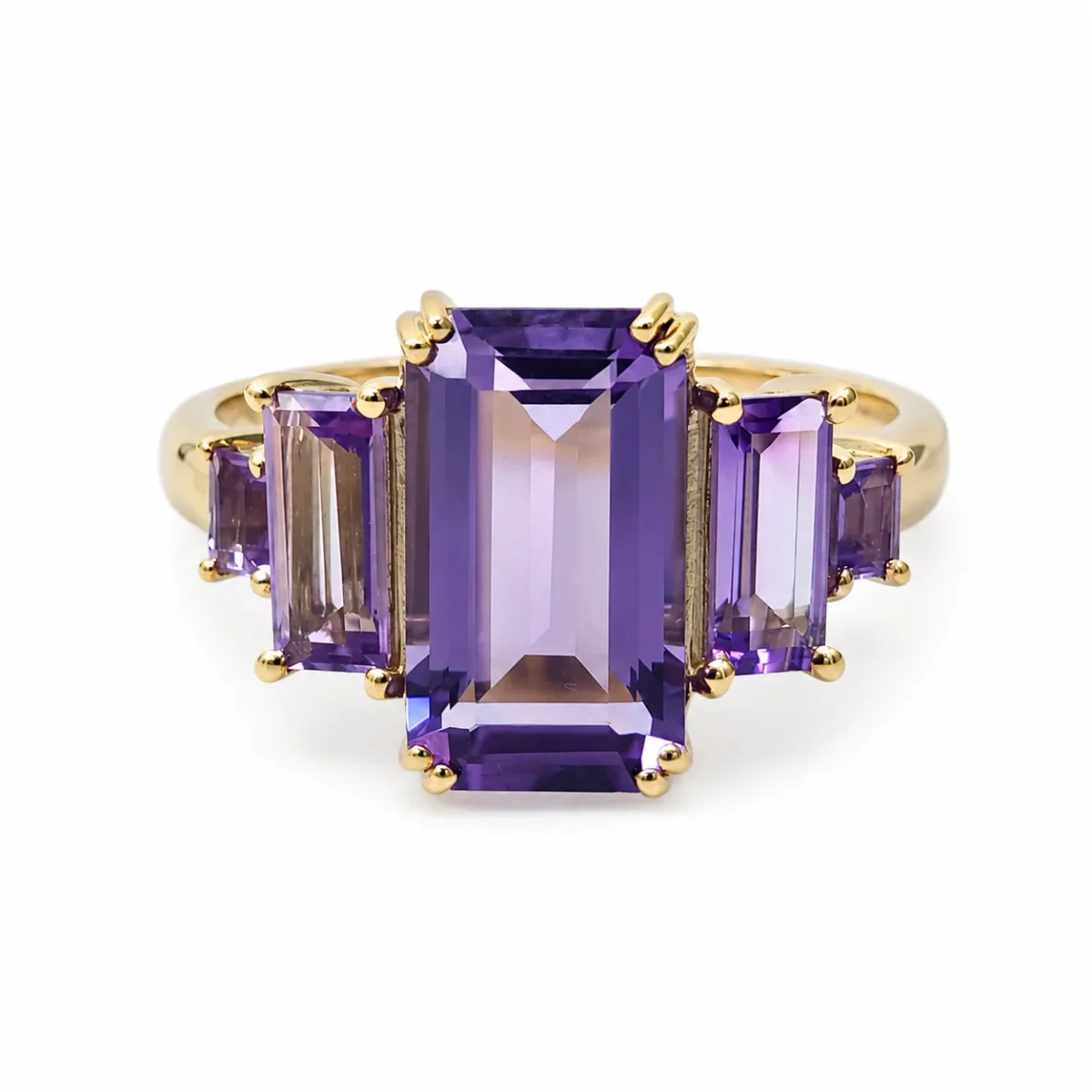 9ct Yellow Gold Natural Amethyst Five Stone Emerald & Baguette Cut Ring - 9CTCYR7905-AM