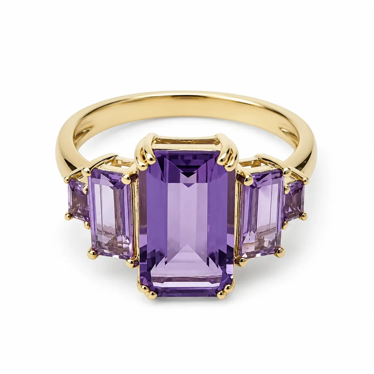 9ct Yellow Gold Natural Amethyst Five Stone Emerald & Baguette Cut Ring - 9CTCYR7905-AM