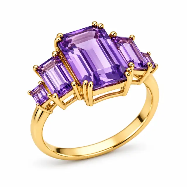 9ct Yellow Gold Natural Amethyst Five Stone Emerald & Baguette Cut Ring - 9CTCYR7905-AM