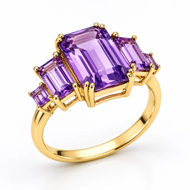 9ct Yellow Gold Natural Amethyst Five Stone Emerald & Baguette Cut Ring - 9CTCYR7905-AM