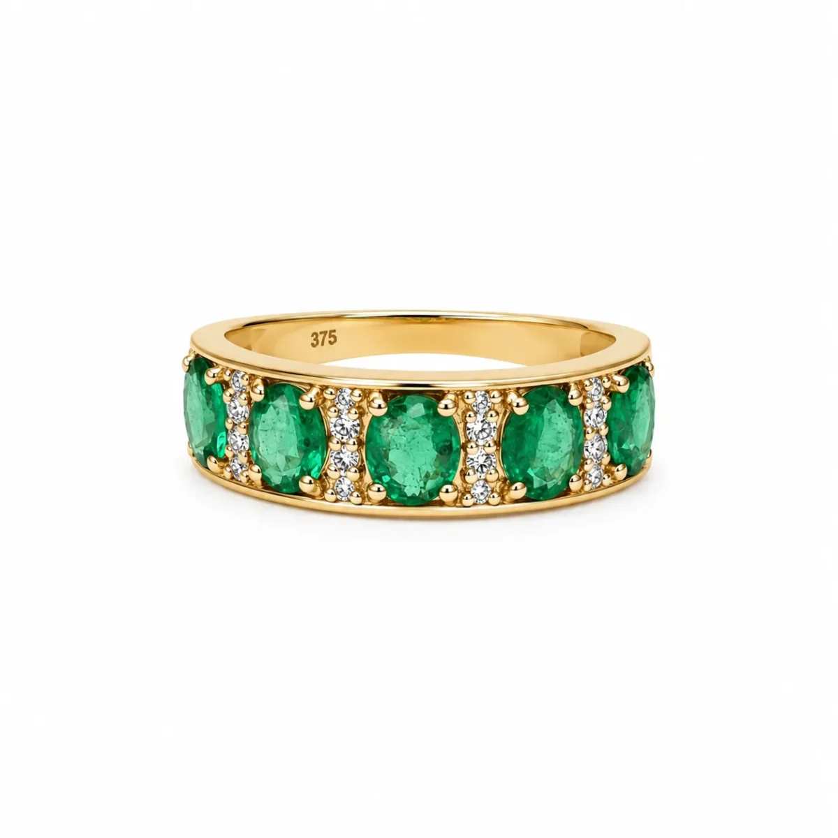 9ct Yellow Gold Natural Colombian Emerald & Diamond Band Ring – 1.61ct Emeralds with 0.09ct Natural Diamonds