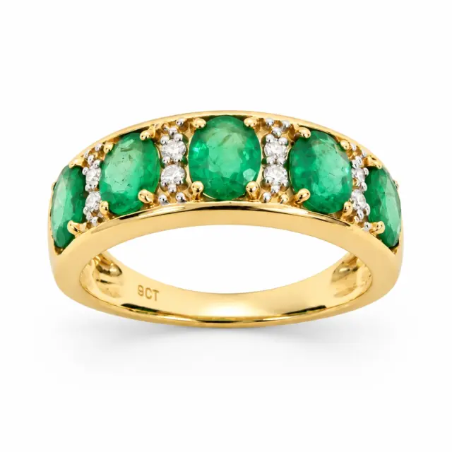 9ct Yellow Gold Natural Colombian Emerald & Diamond Band Ring – 1.61ct Emeralds with 0.09ct Natural Diamonds