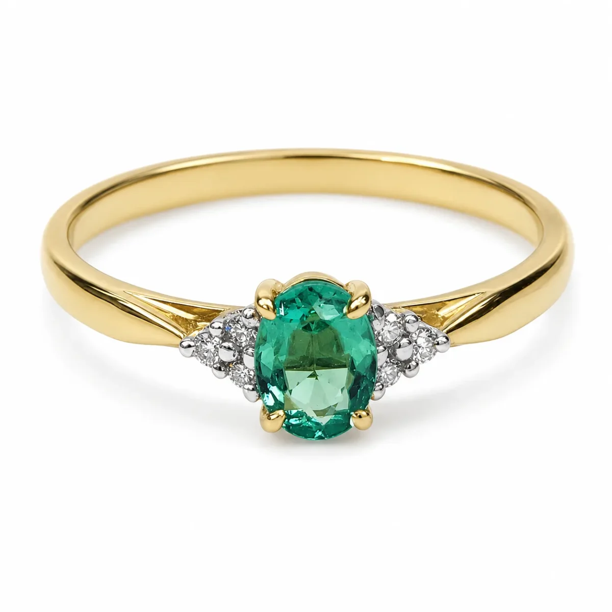 9ct Yellow Gold Natural Colombian Emerald & Diamond Ring – 0.33ct Oval Emerald with 0.05ct TDW Natural Diamonds