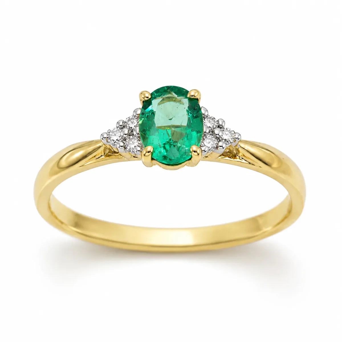 9ct Yellow Gold Natural Colombian Emerald & Diamond Ring – 0.33ct Oval Emerald with 0.05ct TDW Natural Diamonds